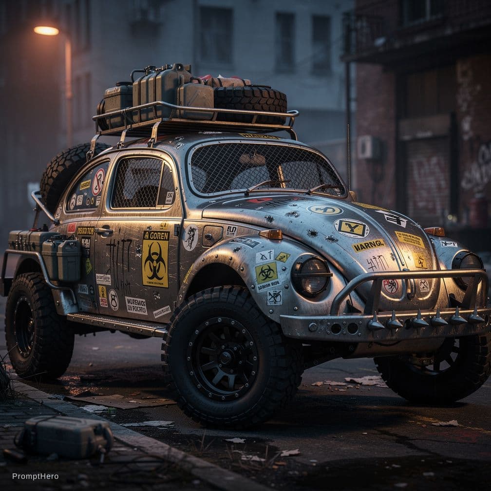 AI generated: A unique Volkswagen Beetle, specially prepared for a zombie apocalypse combat, featuring a brushed s...