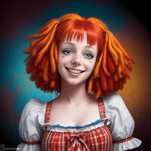 AI generated:  Raggedy Ann beautiful and stunning   radiant smile)), vivid colors, chaotic villa background, movie...