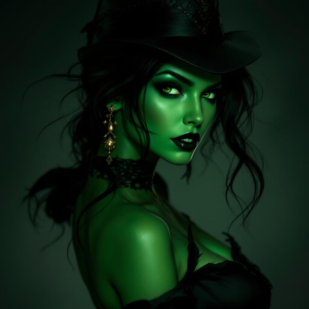 AI generated: emerald-green skin and sharp, defined features. She exudes both mystique and intensity. Her dark, fl...