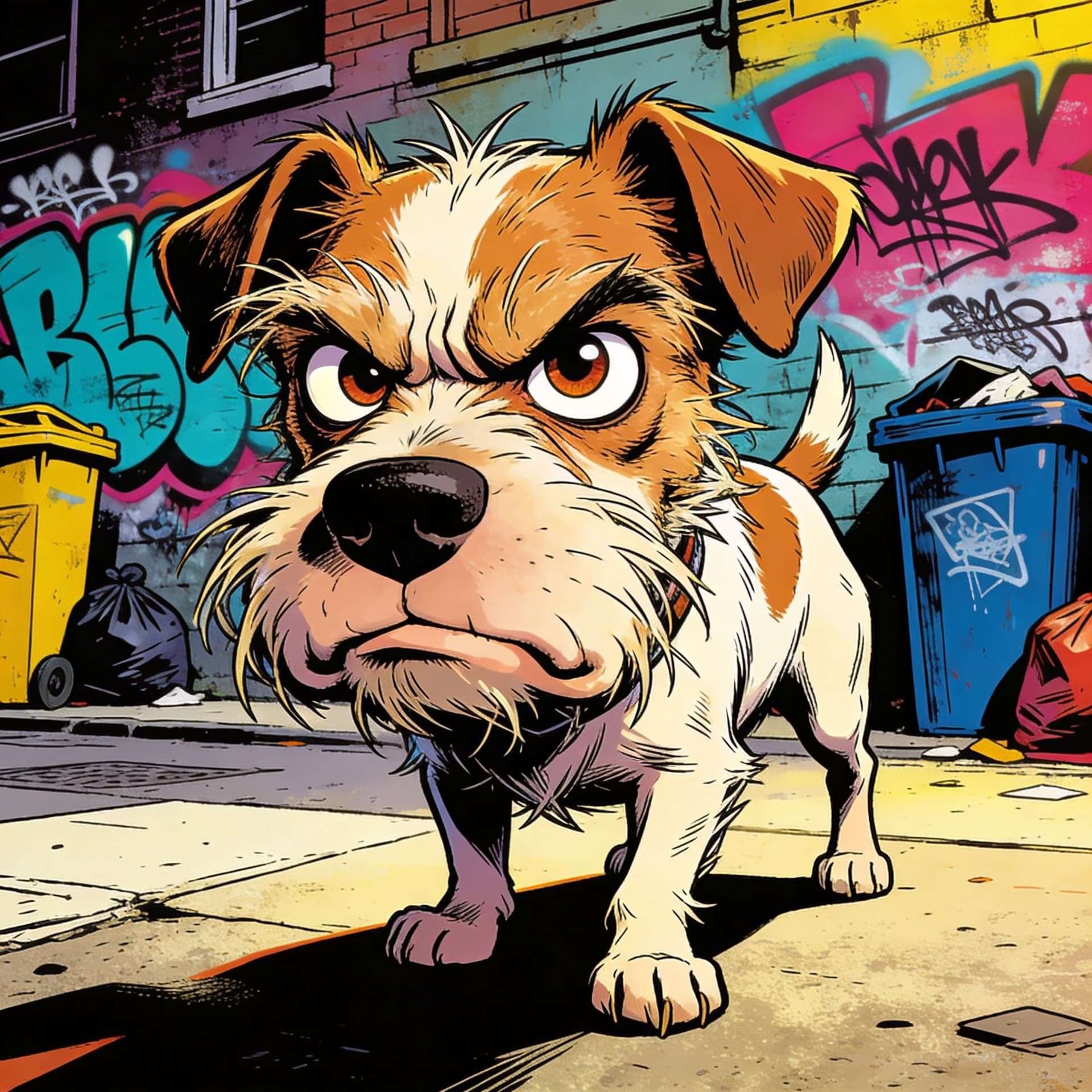 AI generated: Jack Russell dog,male,3 years old,scruffy,streetwise,annoyed,small dog with an oversized head,tiny b...