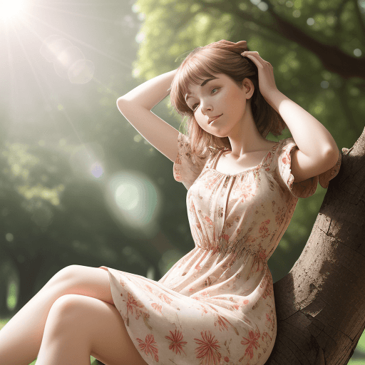 AI generated: photograph of a woman sitting on a tree branch in a park, her hand on her head, wearing floral print...