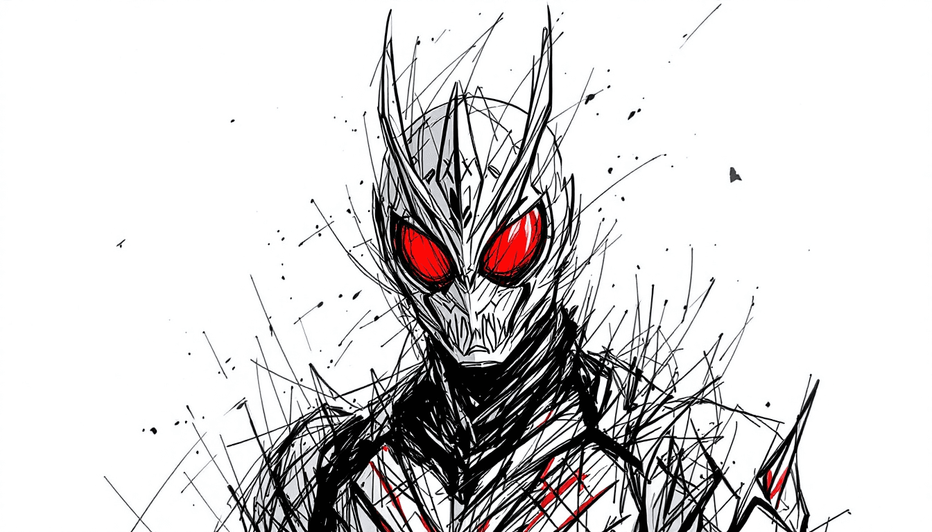 AI generated: kamen rider rx, scribble art, with  red eyes, full body, clear background