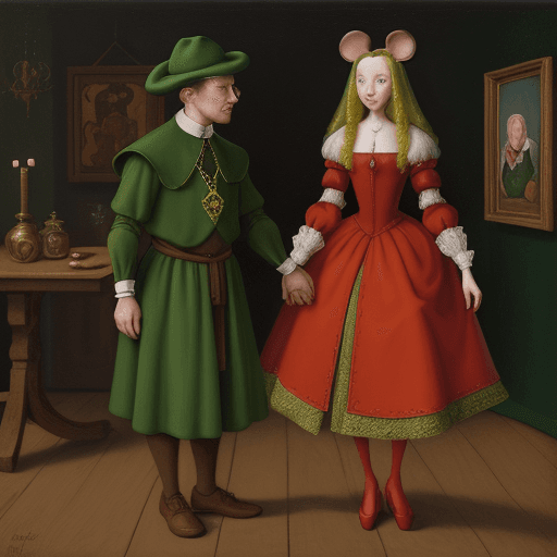 AI generated: Arduous painting in the style of Jan van Eyck, an old wooden table on which are placed two medieval ...
