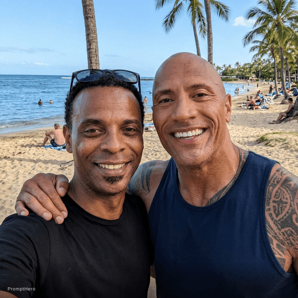 AI generated: with Dwayne Johnson at a tropical beach, sunny day, both smiling