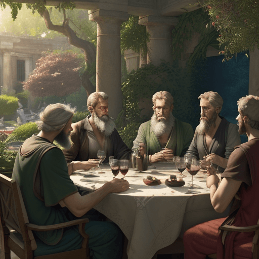 AI generated: Photo of a table in a lush garden with 5 philosophers (Plato, Epicurus, Epictetus, Aristotle, and Di...