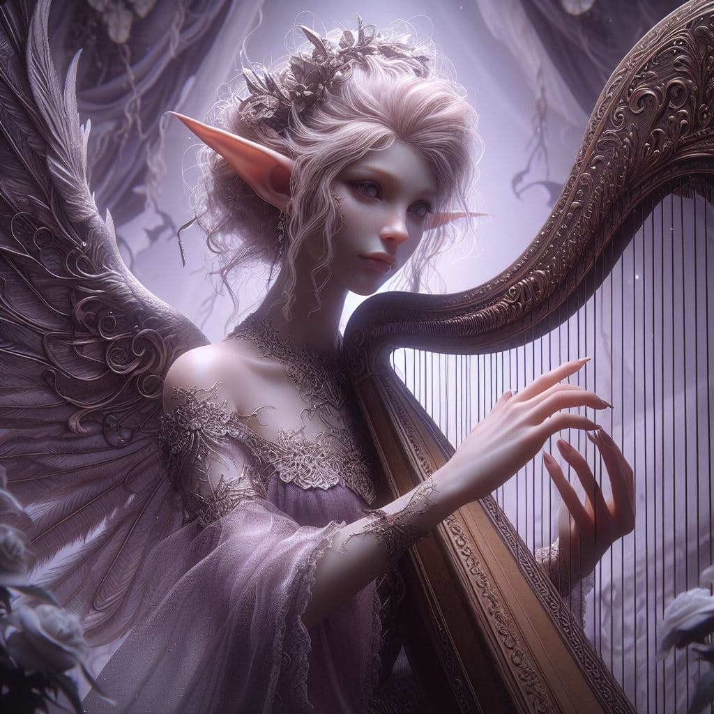AI generated: Delicate elf playing the harp with his hands, inspired by Brian Froud's style, wearing a fine dress,...