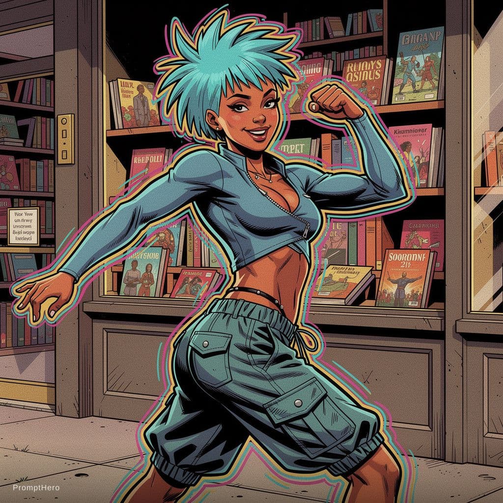 AI generated: Akan-Chokwe female playful dancer 24-year-old with short spiky cerulean hair, asymmetric crop top, c...