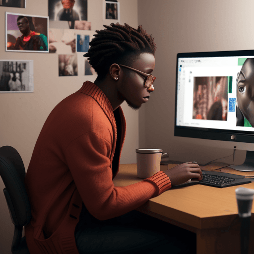 AI generated: A photo of a young Nigerian video editor, chocolate color, sitting in his editing room and editing o...