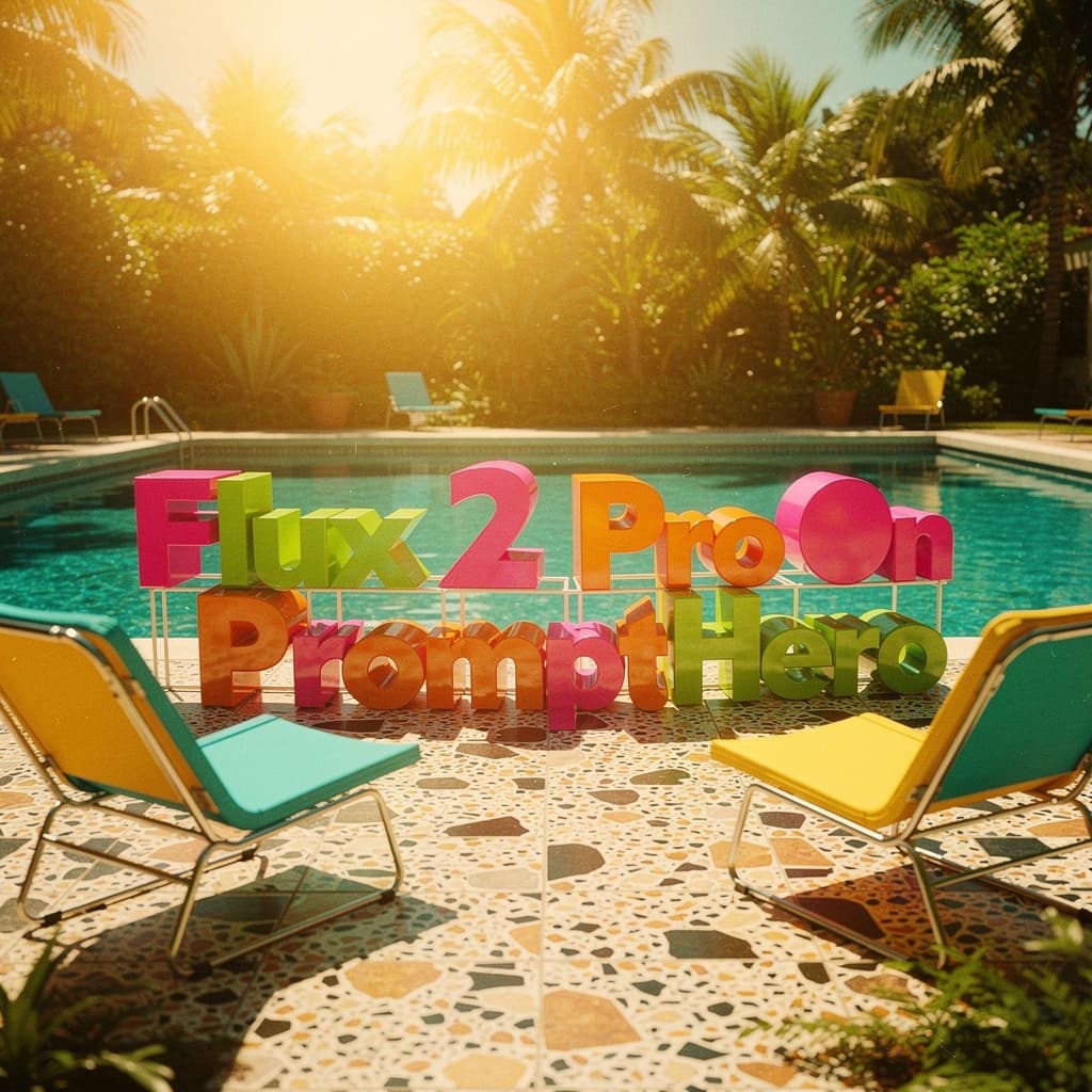 AI generated: Glossy candy-colored 3D letters in hot pink, electric orange, and lime green on a sun-drenched pools...