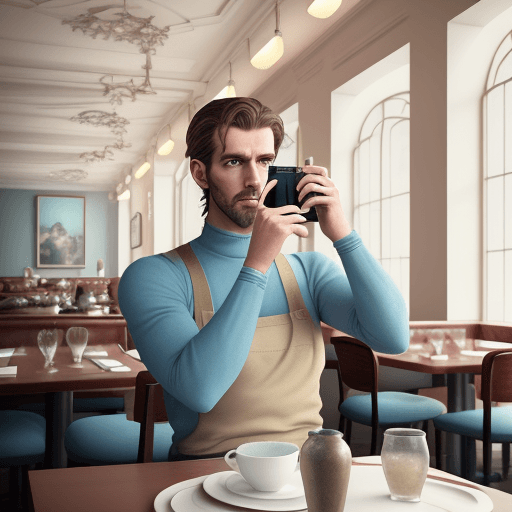 AI generated: handsome statuesque man taking pictures with his phone of food in a restaurant, High resolution inte...