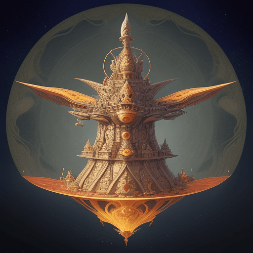 AI generated: vimana spaceship floating in the sky, babel, overlord season 4, located in india, inspired by Sōami,...