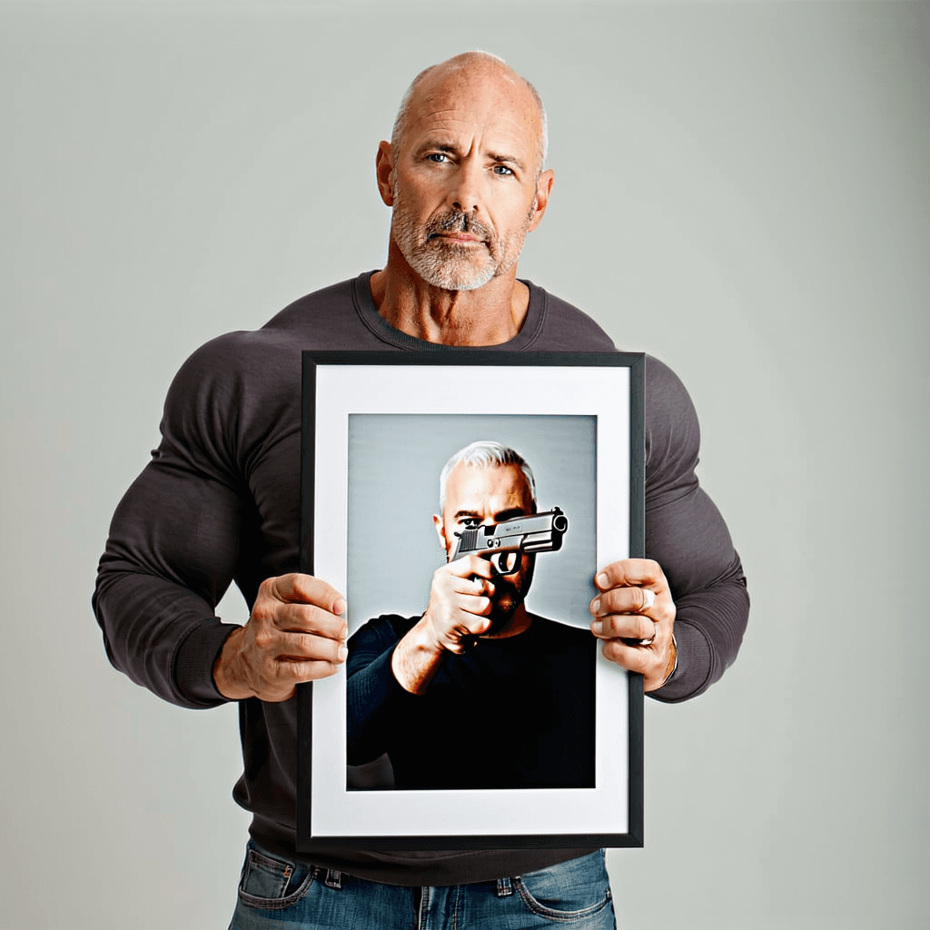 AI generated: Hyper realistic photo of a athletic man in his early 50s. He has a shaved head and white stubble on ...