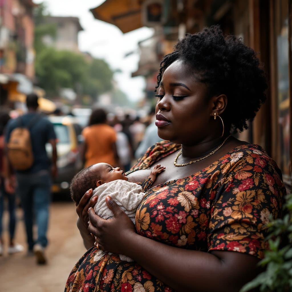 AI generated: a short plus size african lady in her mid thirties thinking about her babies in a crowded street