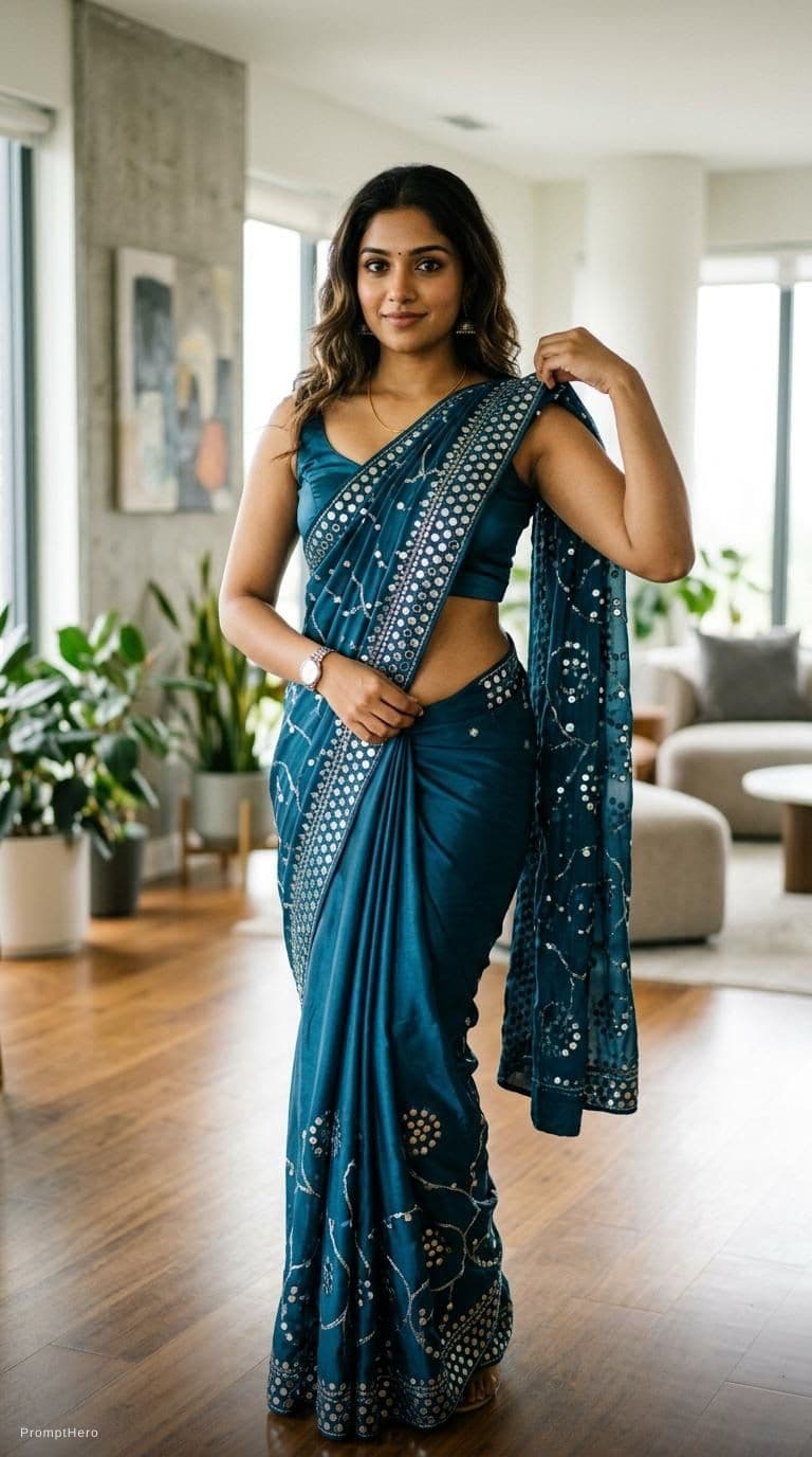 AI generated: Tamil girl. modern sexy glossy mirror saree, wearing saree saree saree model. glossy mirror saree Na...
