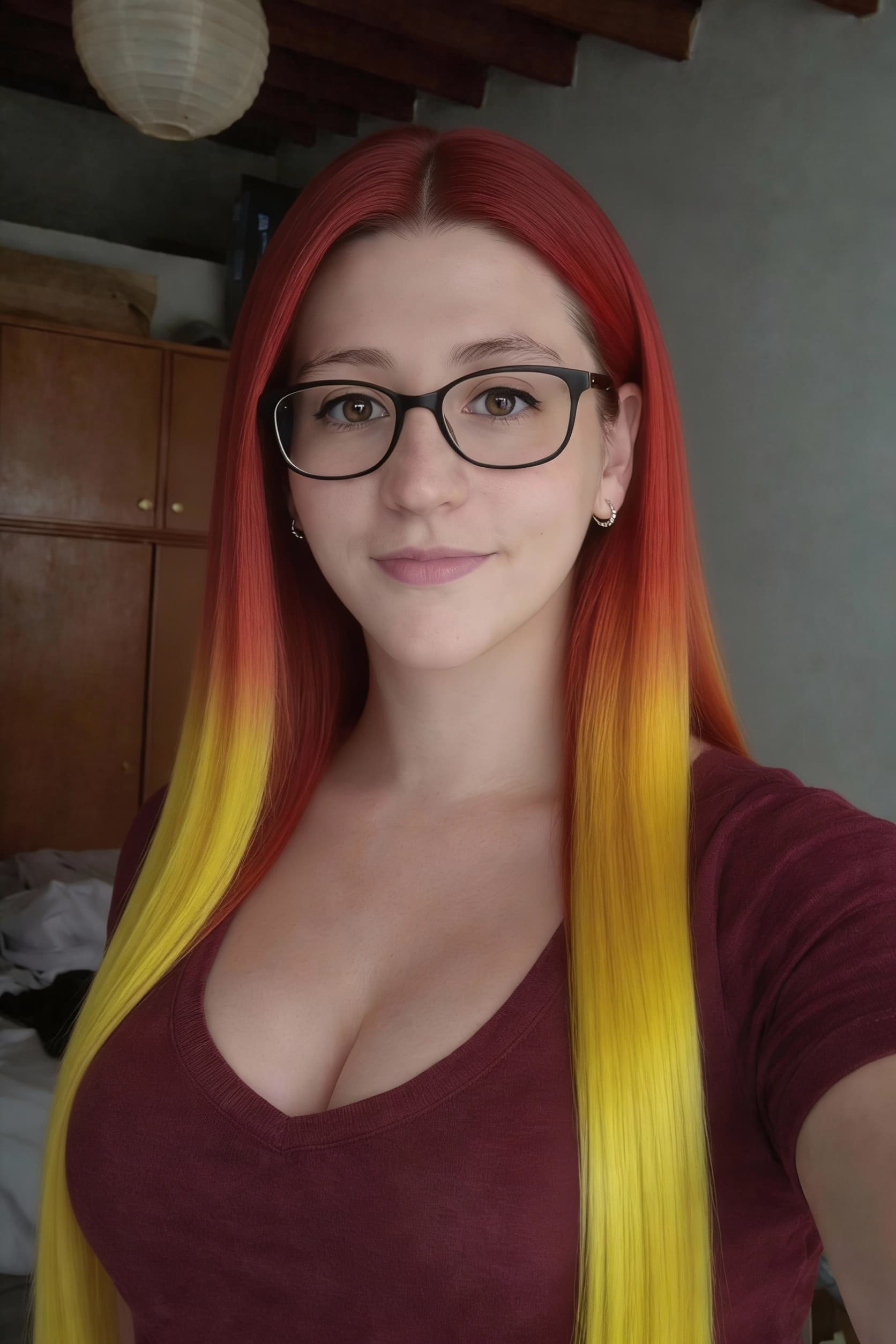 AI generated: young woman, 23 years old, latina appearance, long straight red and yellow hair, soft facial feature...