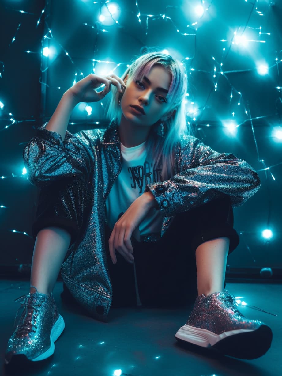 AI generated: photo of a woman sitting on the ground, glitter makeup, futuristic sneakers, inspired by Thomas Mill...