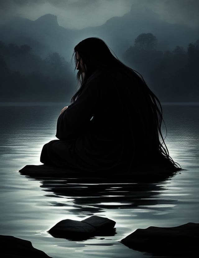 AI generated: ((Darkened silhouette of a old man long hair meditating sitting on a rock in a lake)), made out of m...