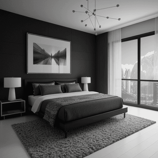 AI generated:  interior design bedroom views ,ultramodern DESIGN, black and white, octane render highly detailed ,...