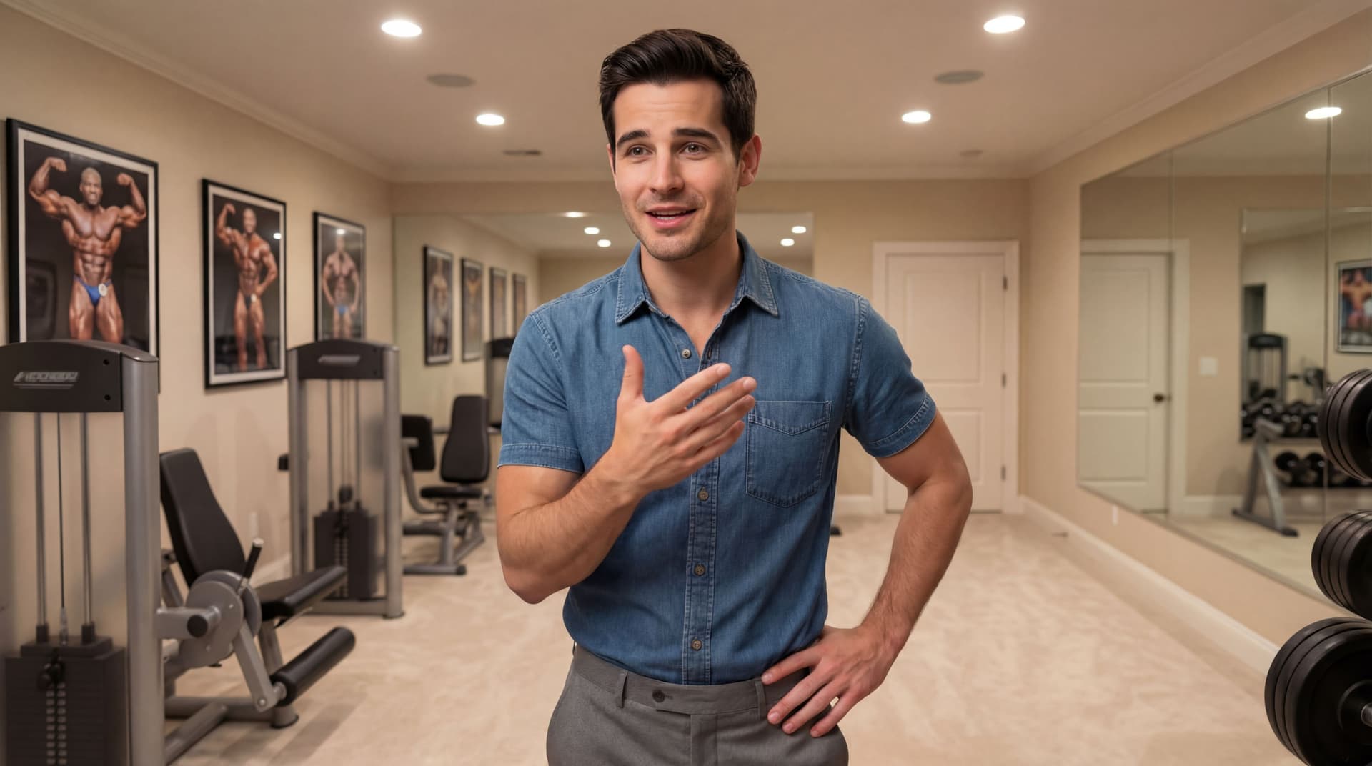 AI generated: the model is expressing conversation with his hand. He is talking. 