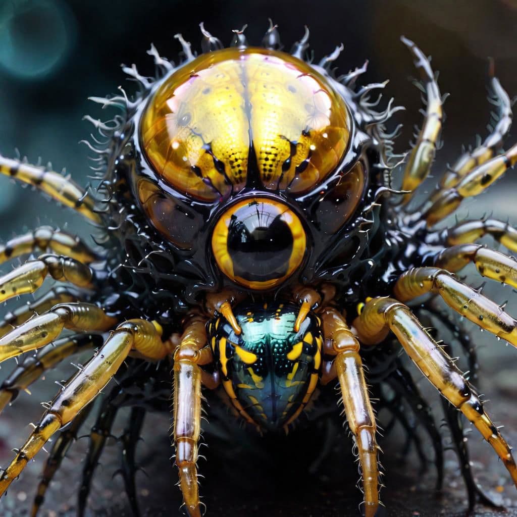 AI generated: ferrofluid monster mixed between a spider and a wasp::5 on a new york street, tentacles, eyes on sta...