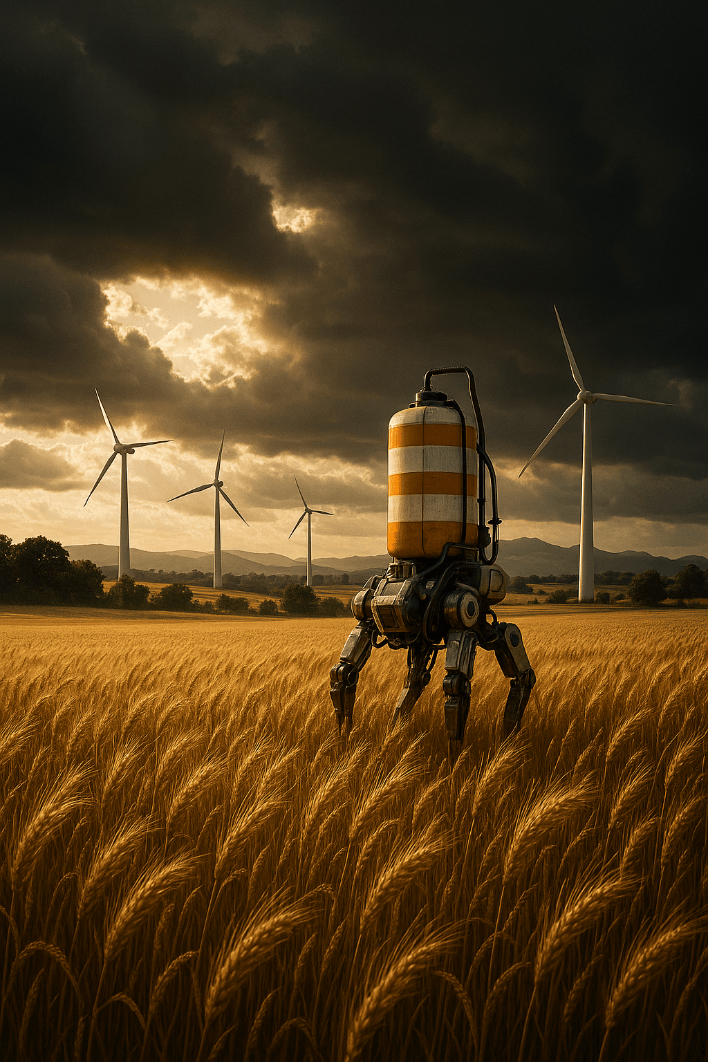 AI generated: A cinematic wide shot of a golden wheat field under dramatic storm clouds with warm sunlight piercin...