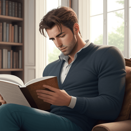 AI generated: handsome guy reading a big big book, 4k, realistic, in a nice home in France