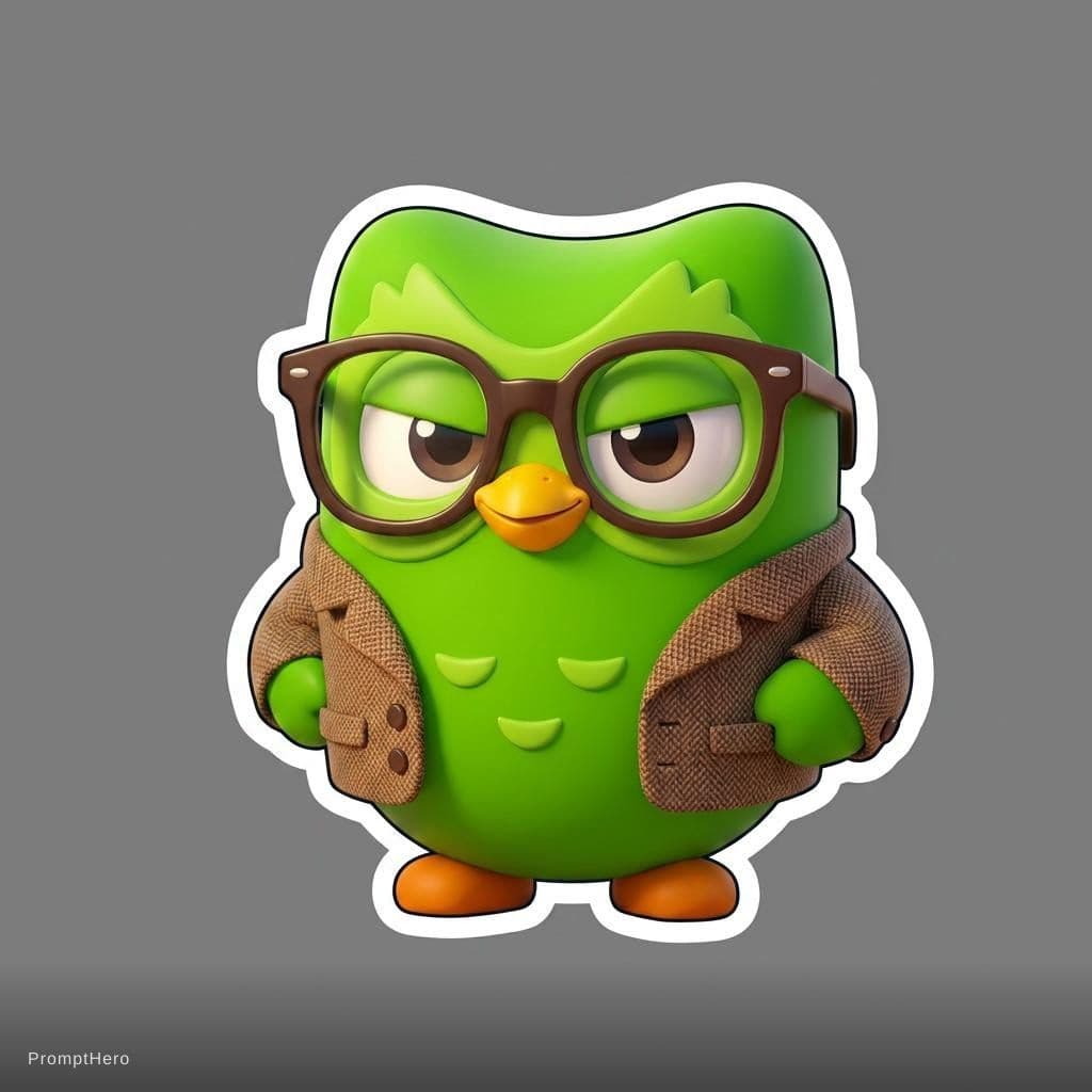 AI generated: A single cute chubby green cartoon owl with big expressive eyes, wearing thick-rimmed glasses and a ...