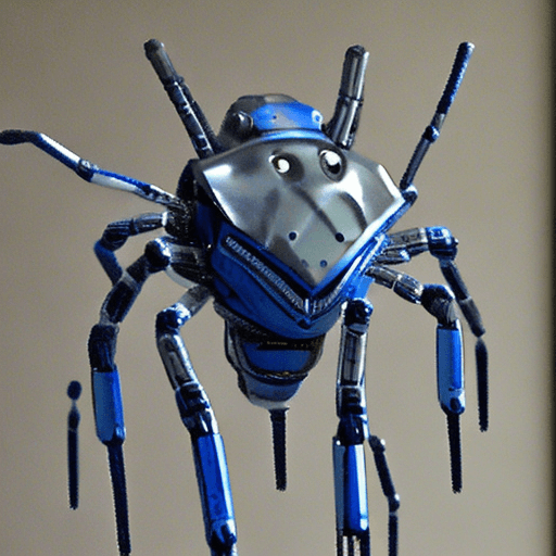 AI generated: arachnid robot, top head, blue & white color, long legs
