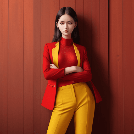 AI generated: fashion cover, front view, upper-body, woman model,  wooden  wall, red 
suit, red shirt, yellow pant...