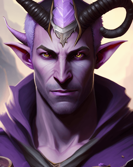 AI generated: portrait painting of male magical tiefling rogue thief with lavender skintone and ram horns on the f...