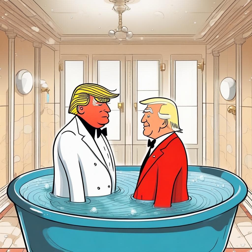 AI generated: Donald Trump and Joe Biden facing each other in a bathtub, surreal drawing, flat shading, cartoon st...