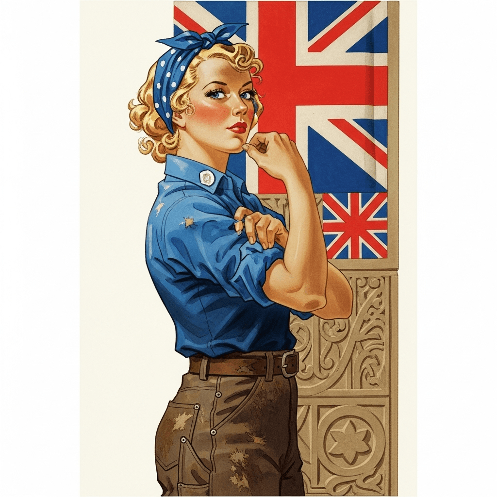 AI generated: Cover art quality illustration by ((Joseph Christian Leyendecker)), a Rosie the Riveter, 3/4 shot, f...