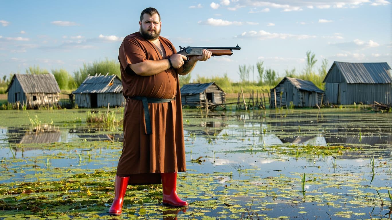 AI generated: An unshaven man, in a brown robe, in red rubber boots, holds a double-barreled shotgun with a cut-of...