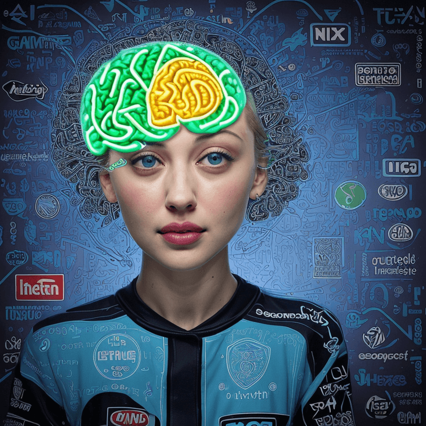 AI generated: This image shows Sarah Gadon actress with a very distinctive and stylized [neon brain] that is desig...