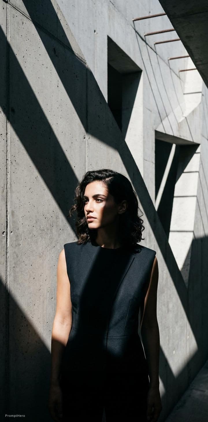 AI generated: high-resolution photograph, woman, stunning use of shadows, in the syle of crisp lines and forms,  U...