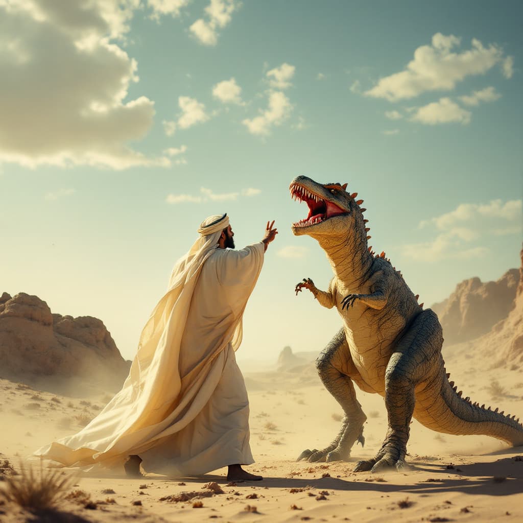 AI generated: Moroccan man with catana fight dinosaur in the desert 