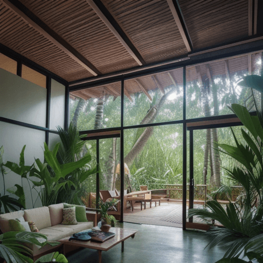 AI generated: A beautiful house in tropical modernism style inside of a forest and full of trees and plants and se...