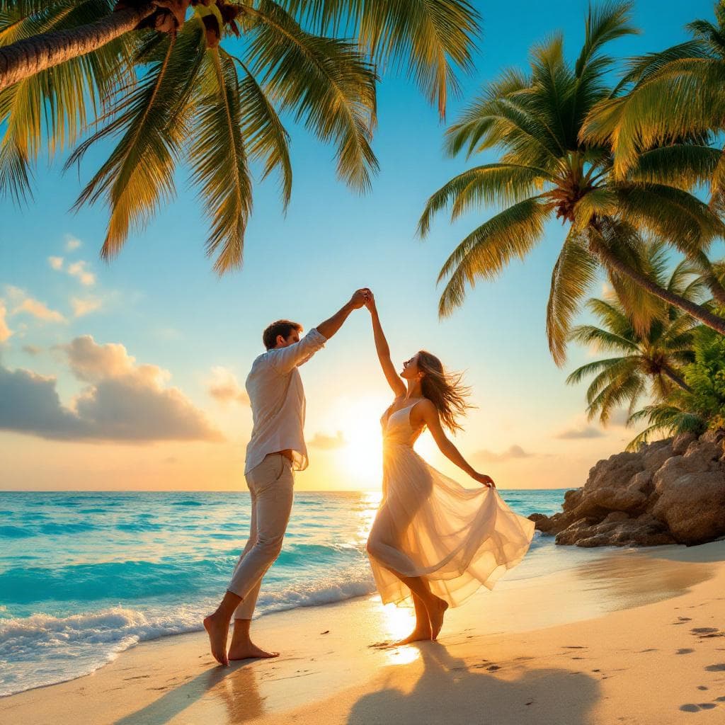 AI generated: A romantic couple dancing barefoot on a tropical beach at sunset. The scene features golden sand, sw...