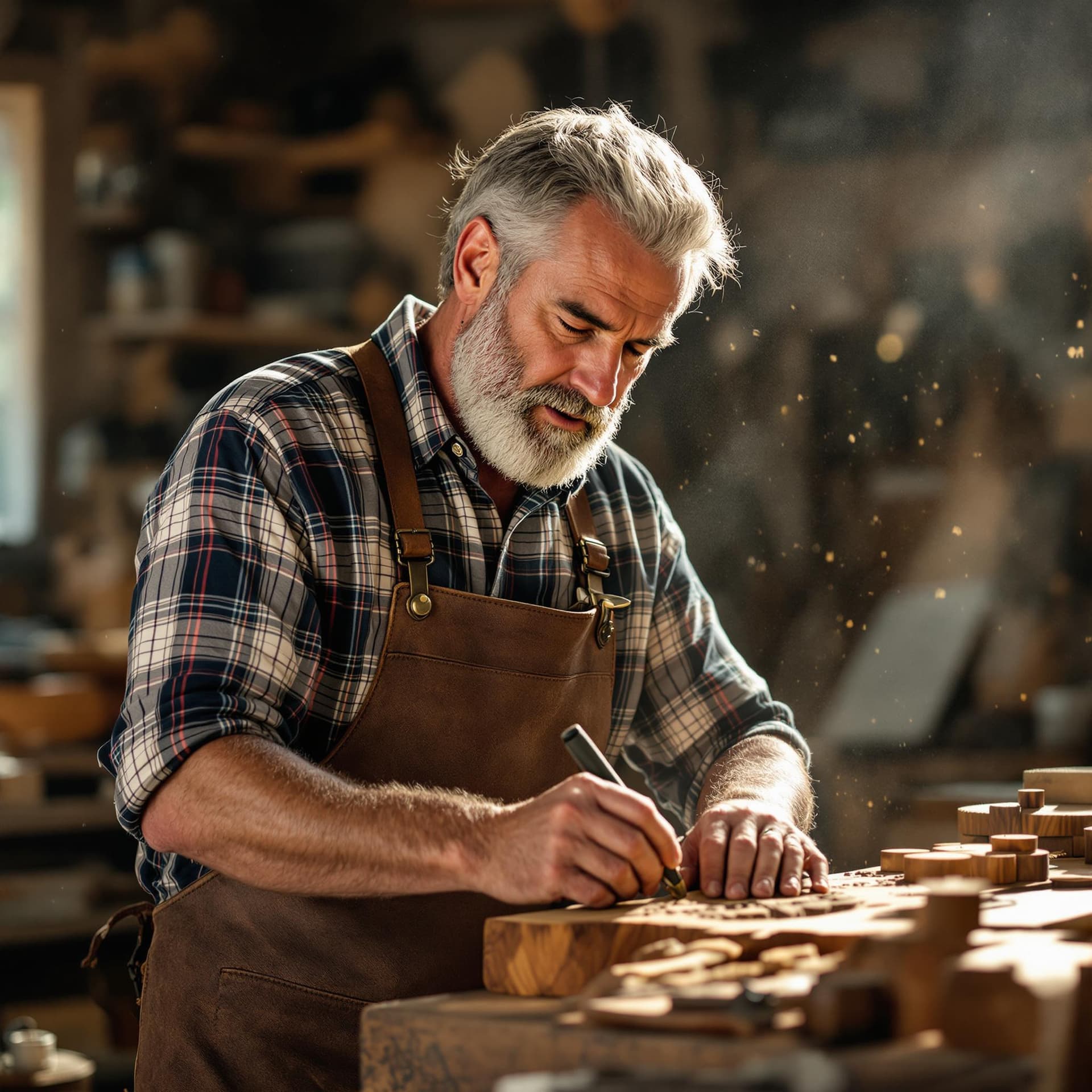 AI generated: A middle-aged male woodworker in his sunlit workshop. He has weathered hands and a focused expressio...