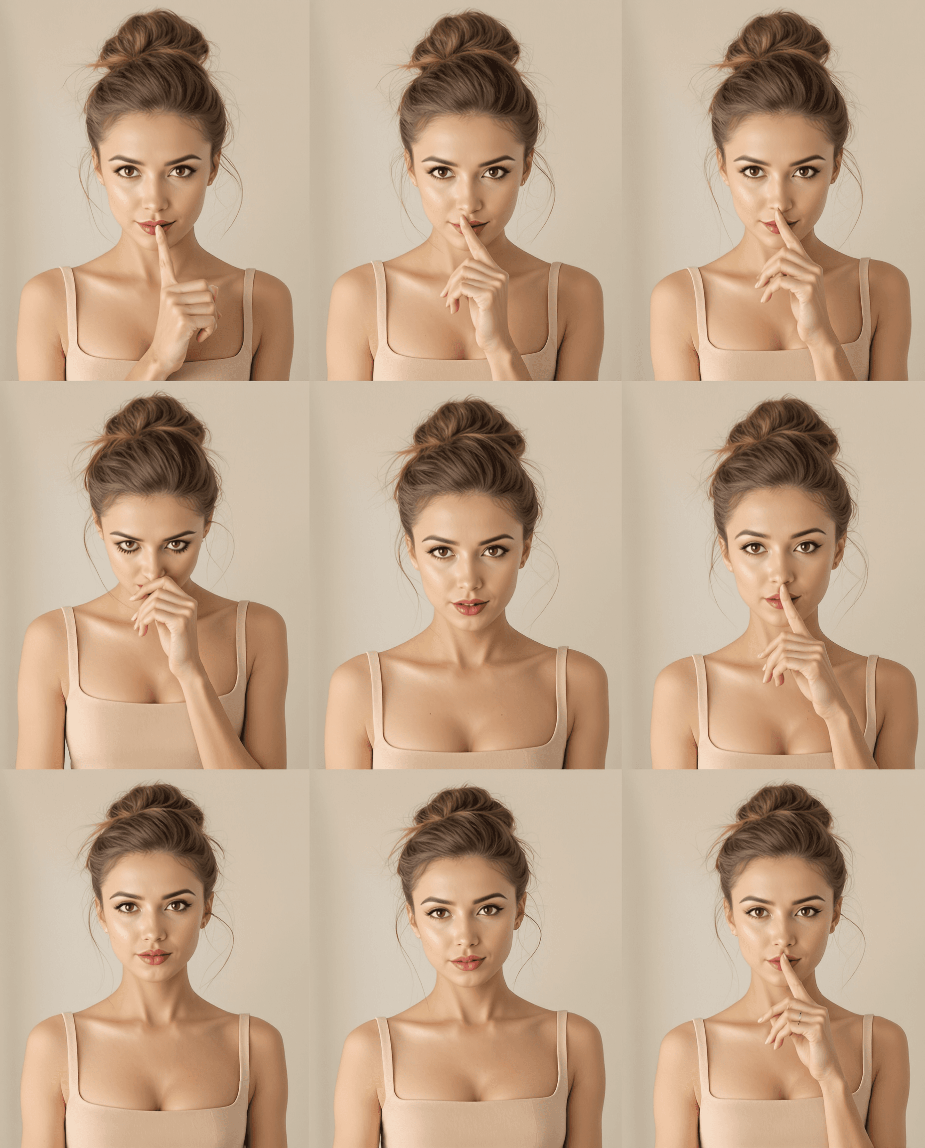 AI generated: A 3x3 grid of a British Caucasian woman in Multiple upper-body poses. She has a symmetrical oval fac...