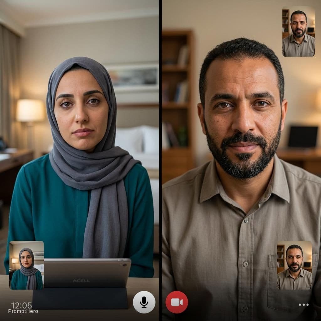 AI generated: A photorealistic split‑screen image of a video call between two close friends. The composition is di...