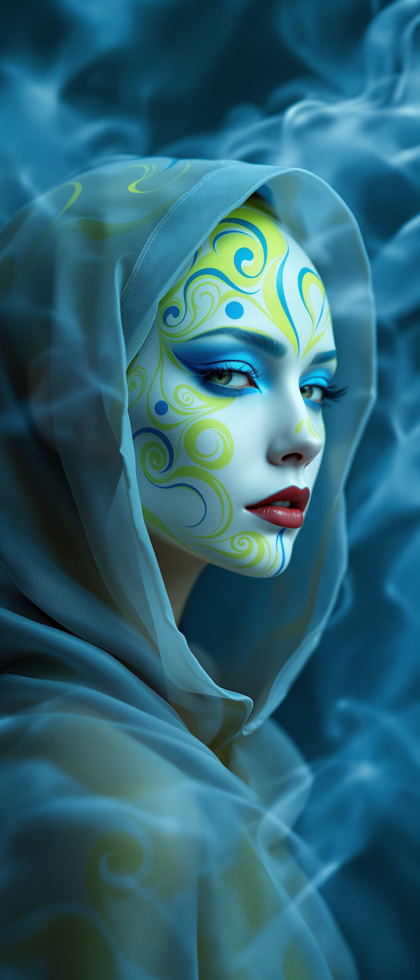 AI generated: "Fine art fashion photography. Full-hight vertical portrait, gorgeous lithe supermodel, swirling  in...
