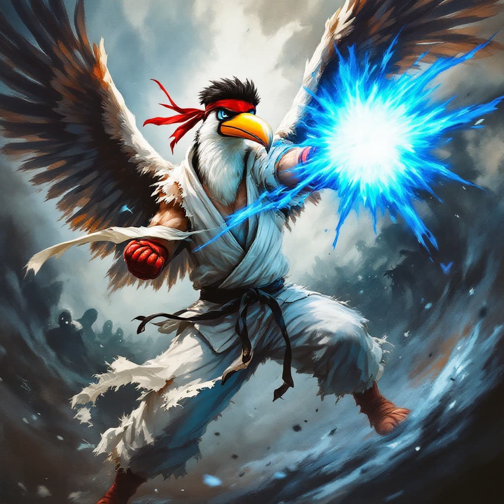 AI generated: 
A dramatic, stylized painting of a toucan dressed as Ryu from Street Fighter IV, facing the camera ...