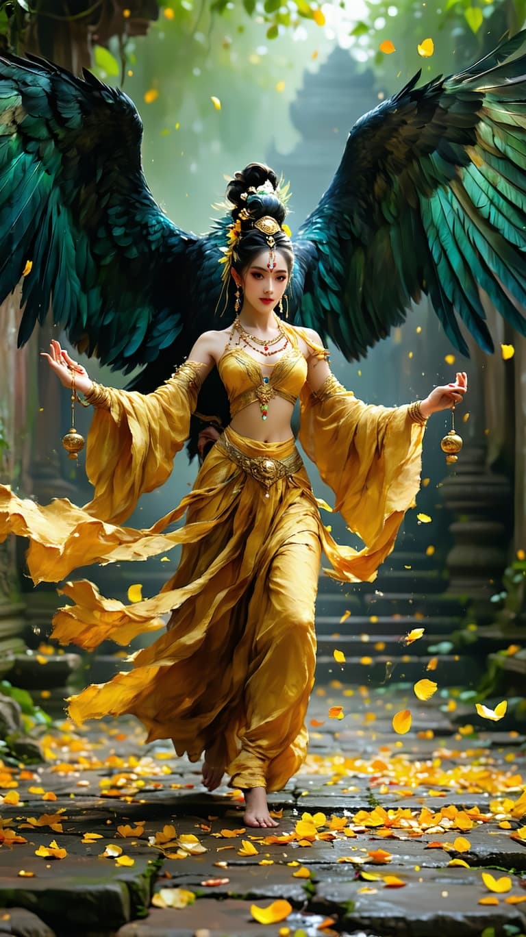 AI generated: An ultra-realistic, wide angle, front facing, full-body portrait of a mesmerizing Dancer in golden t...