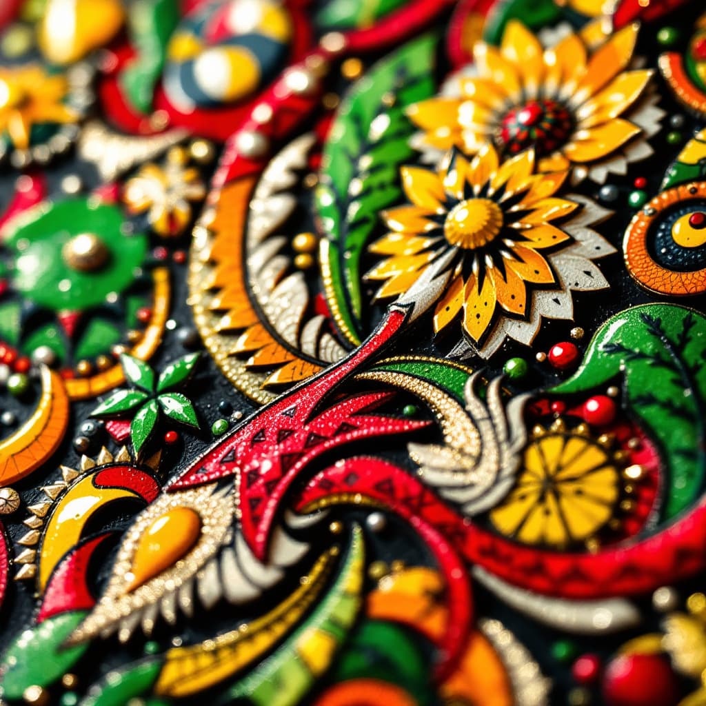 AI generated: A close-up of a psychedelic painting, featuring intricate geometric patterns and motifs of nature. T...