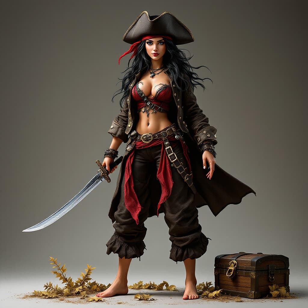 AI generated: Full body view of  a Gorgeous pirate woman, , full body, black hair, withe jacket, pirate hat, red b...
