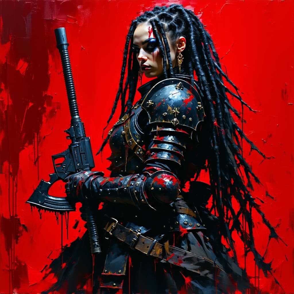 AI generated: Female vampire chaos space marine, holding a weapon, long black dreads, in the style of gritty horro...
