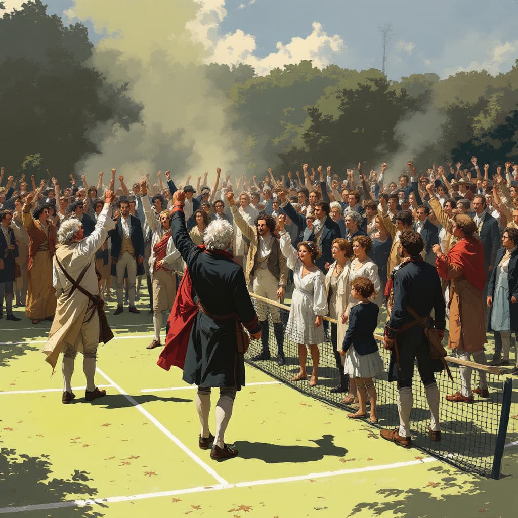 AI generated: Illustrate a peaceful gathering of Third Estate representatives on a tennis court, with individuals ...