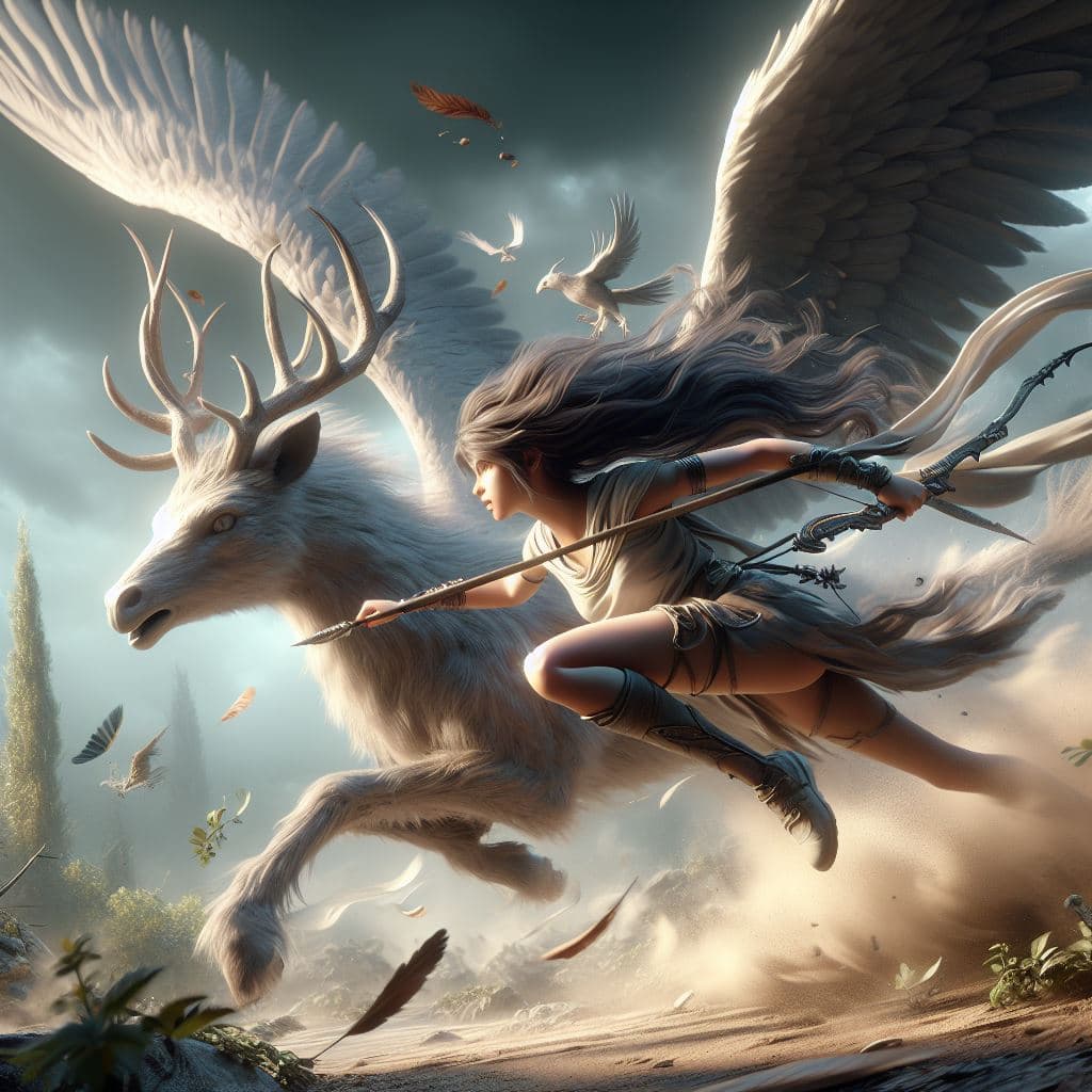 AI generated: a dynamic, action-packed composition with Artemis in the midst of a high-speed chase, pursuing a myt...