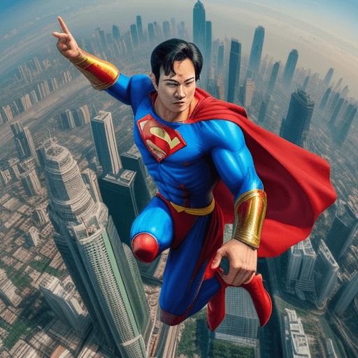AI generated: A photo of Thai superman, who delivers parcel from china to Thailand. Flying over Bangkok city. Supe...